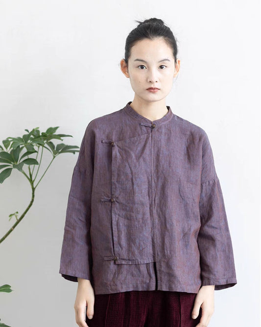 Spun Dyed Yarn Linen Cheongsam Samfoo  Top in Purple