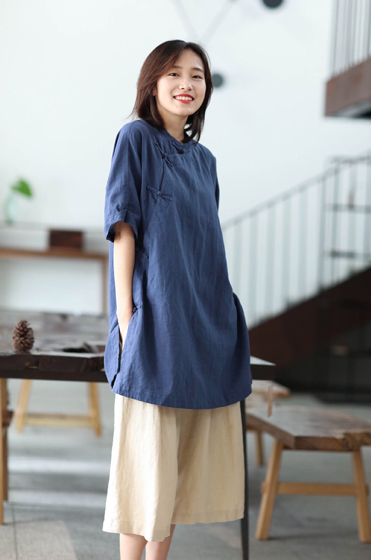 Simple Cheongsam Long Shirt in Blue