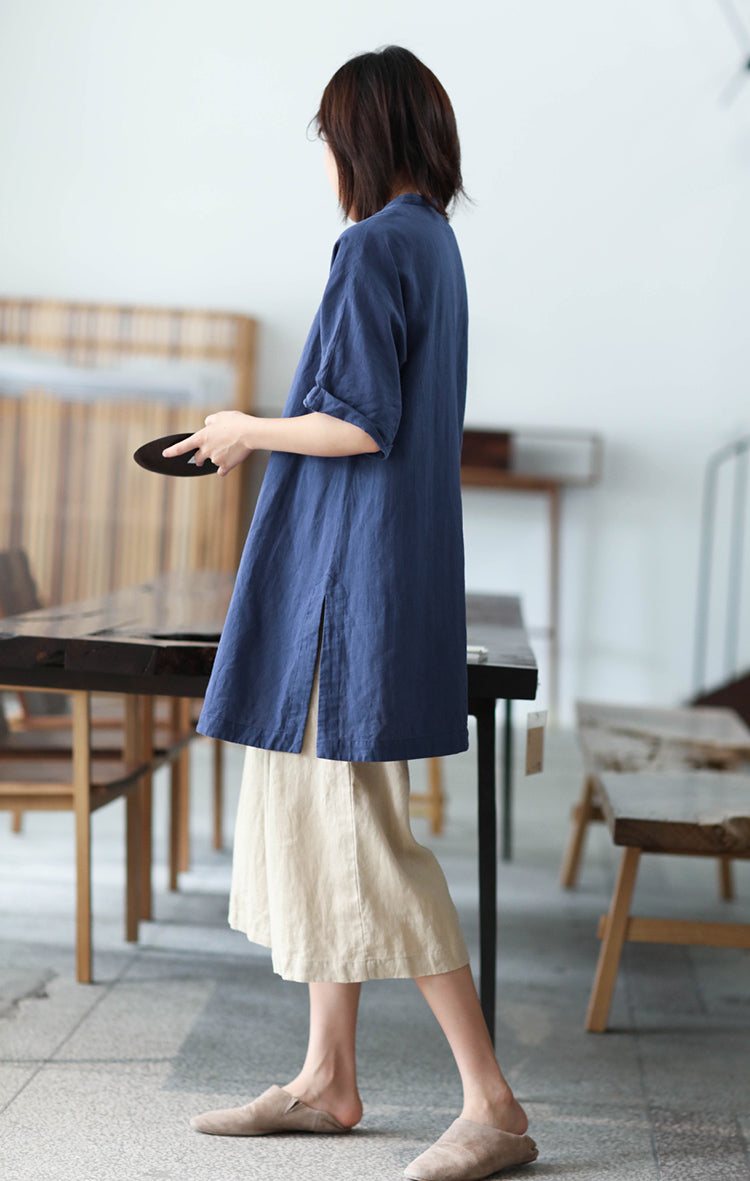 Simple Cheongsam Long Shirt in Blue