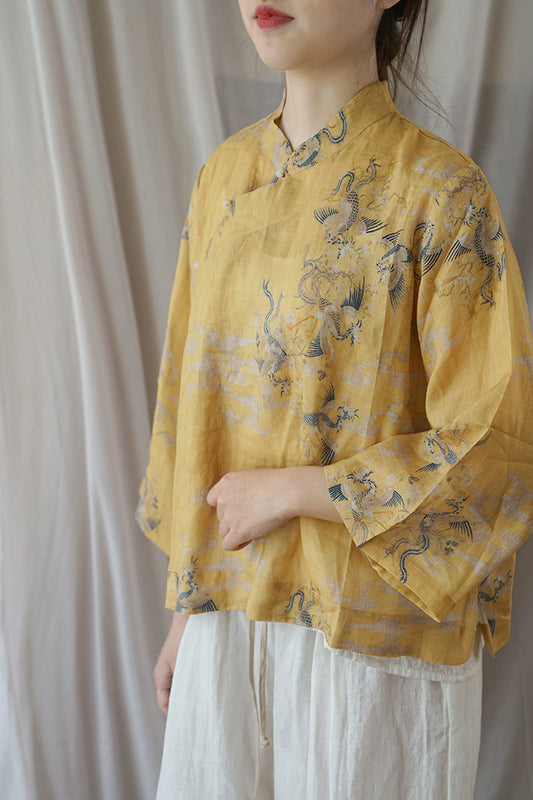 Yellow Dragon Print Cheongsam Top