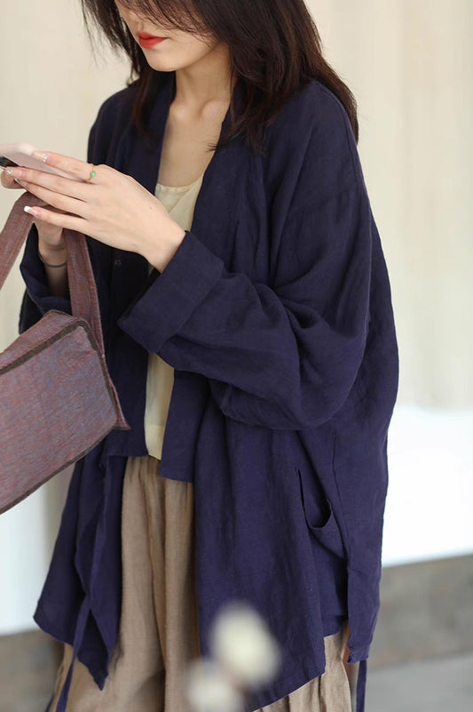 Zen Style Samue Linen Coat in Dark Purple