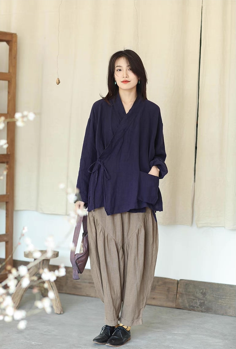 Zen Style Samue Linen Coat in Dark Purple