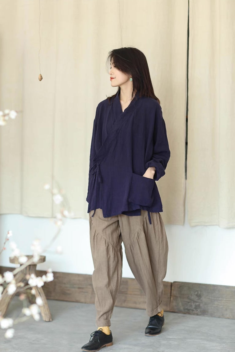 Zen Style Samue Linen Coat in Dark Purple