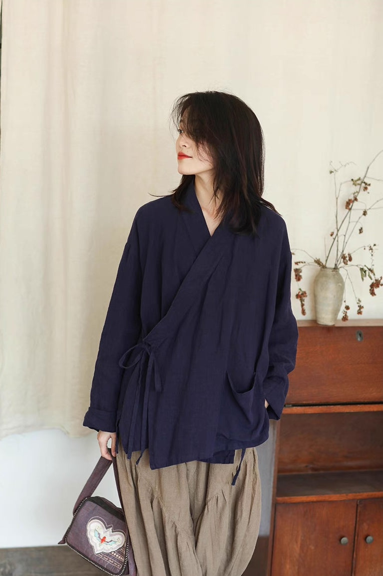 Zen Style Samue Linen Coat in Dark Purple