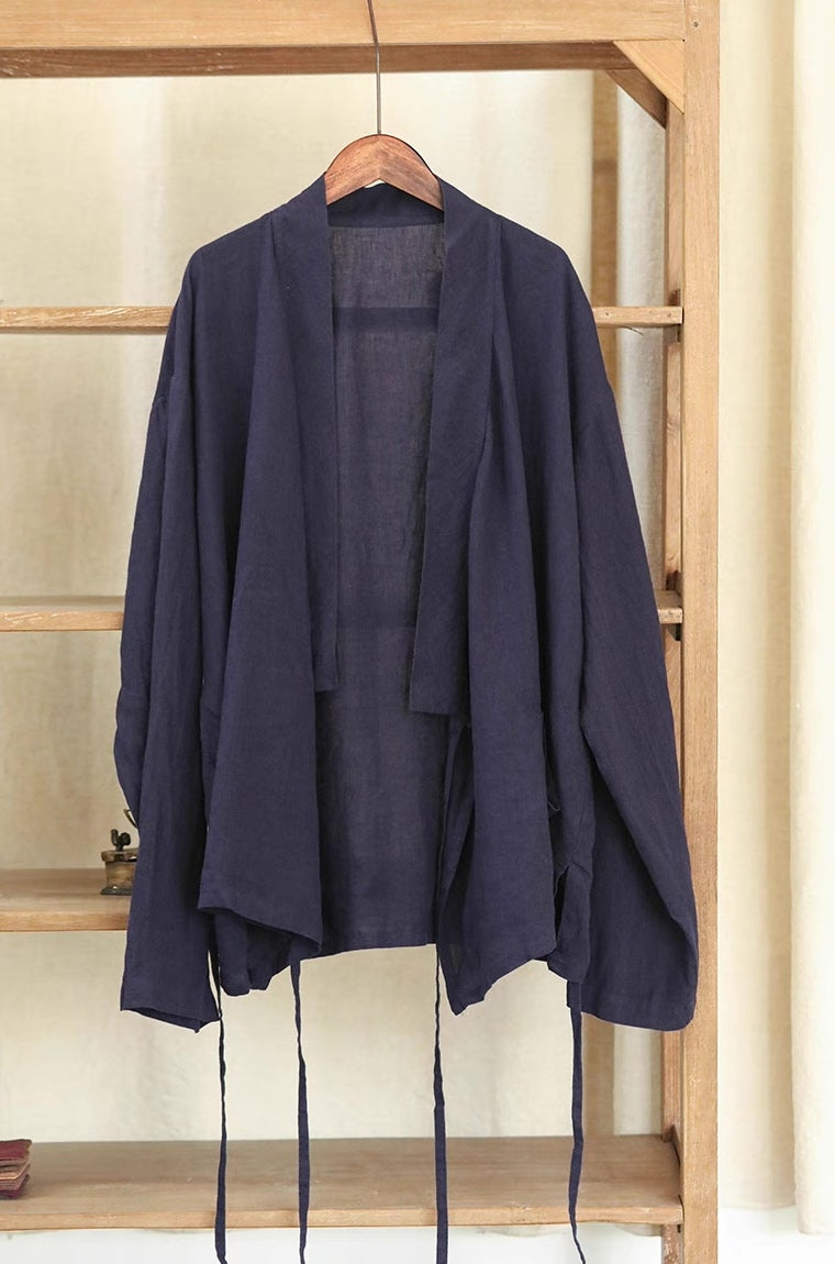 Zen Style Samue Linen Coat in Dark Purple